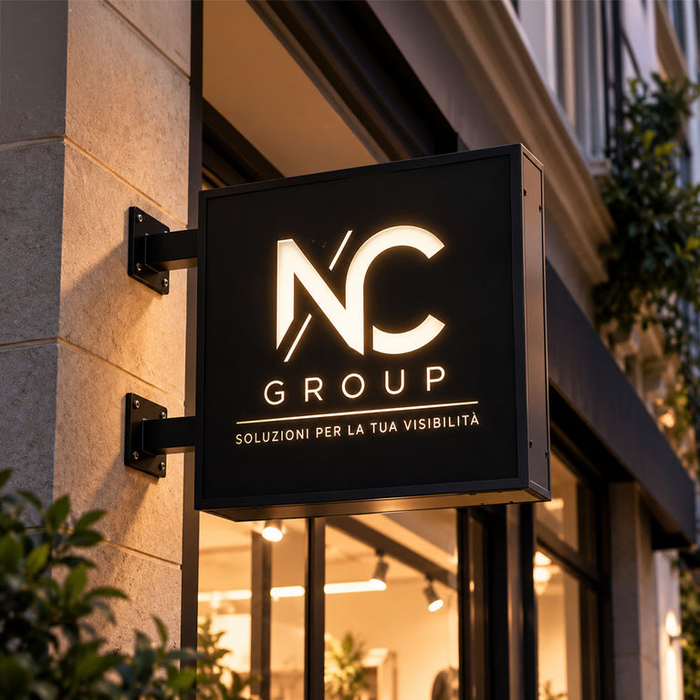 Insegna luminosa bifacciale traforata personalizzata NC Group