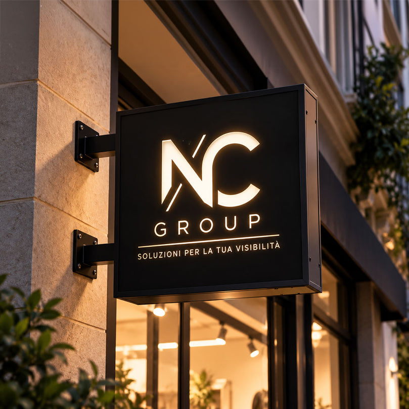 Insegna luminosa bifacciale traforata personalizzata NC Group